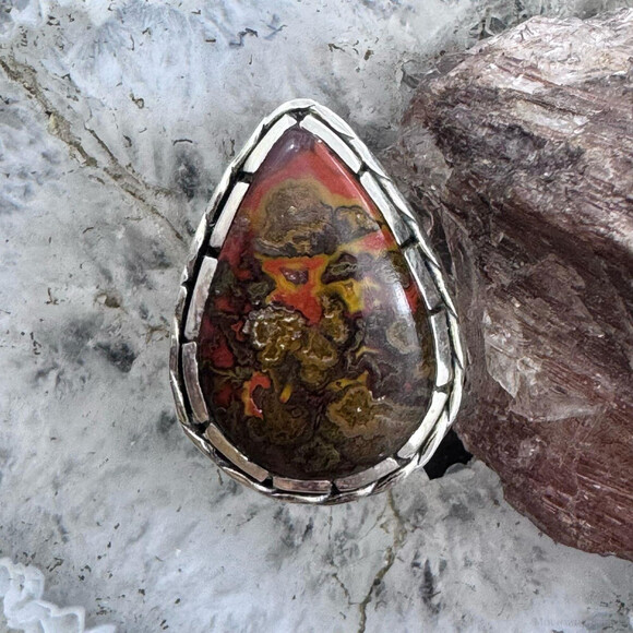 Sterling Southwestern Style Teardrop Moroccan Seam Agate Ring S 6.5 For Women - Picture 4 of 10